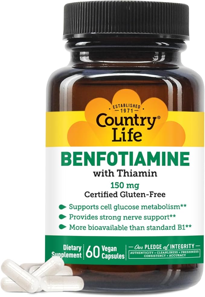 Country Life Benfotiamine with Thiamin,150mg, 60 Vegetarian Capsules, Certified Gluten Free, Certified Vegan