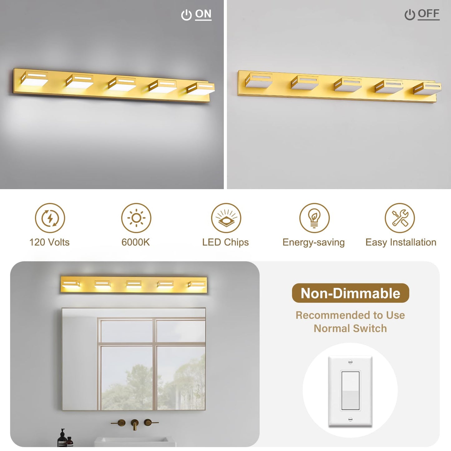Donrao 40-Inch 5-Light Led Modern Gold Bathroom Vanity Light Fixtures Over Mirror  Bathroom Lighting Fixtures With Cool White 6000K  Vanity Wall Lights For Bath Restroom Powder Room