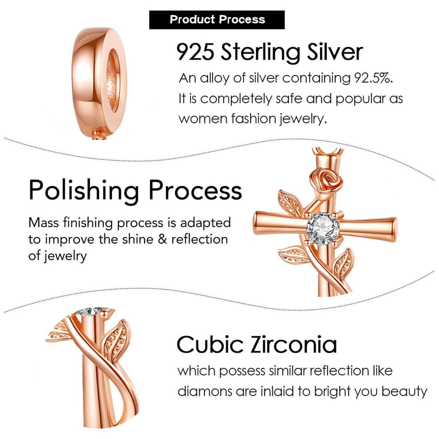 VALGACLS The Rose Cross Charms for Bracelets Necklace Rose Gold Charms 925 Sterling Silver Cross Charms