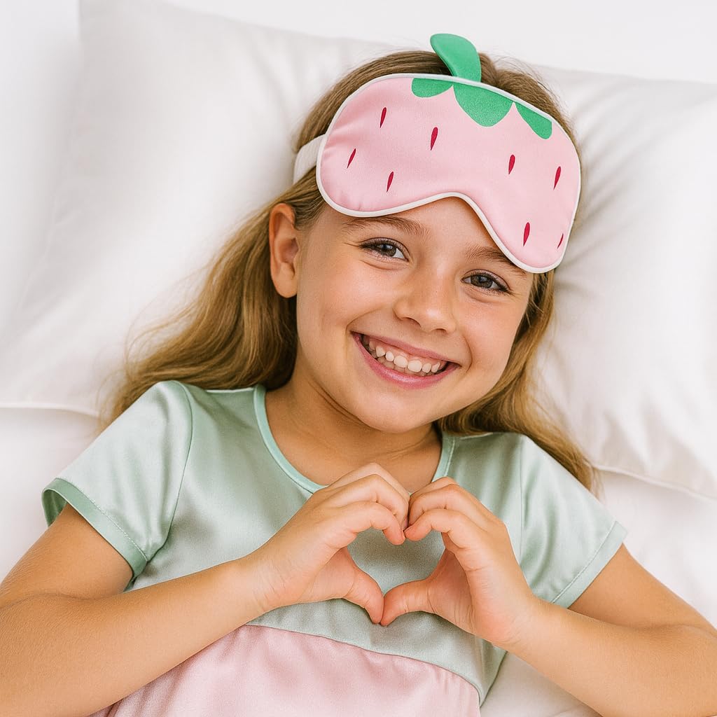 Orose Kids Silk Sleep Mask Cute Original Design for Boys & Girls, Double-Sided Mulberry Silk, Cartoon Pattern, Toddler Eye Mask, Children's Festival Christmas Gifts (Strawberry)