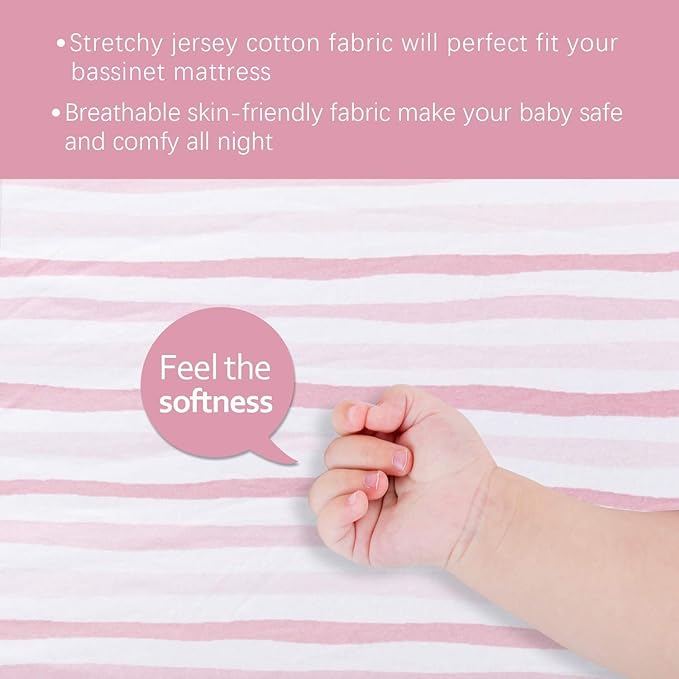 Bassinet Sheets Fit for Simmons Kids by The Bed City Sleeper Bassinet(Twins), Moses Basket and Hospital Bassinet, 100% Jersey Knit Cotton, 2 Pack, Pink Print