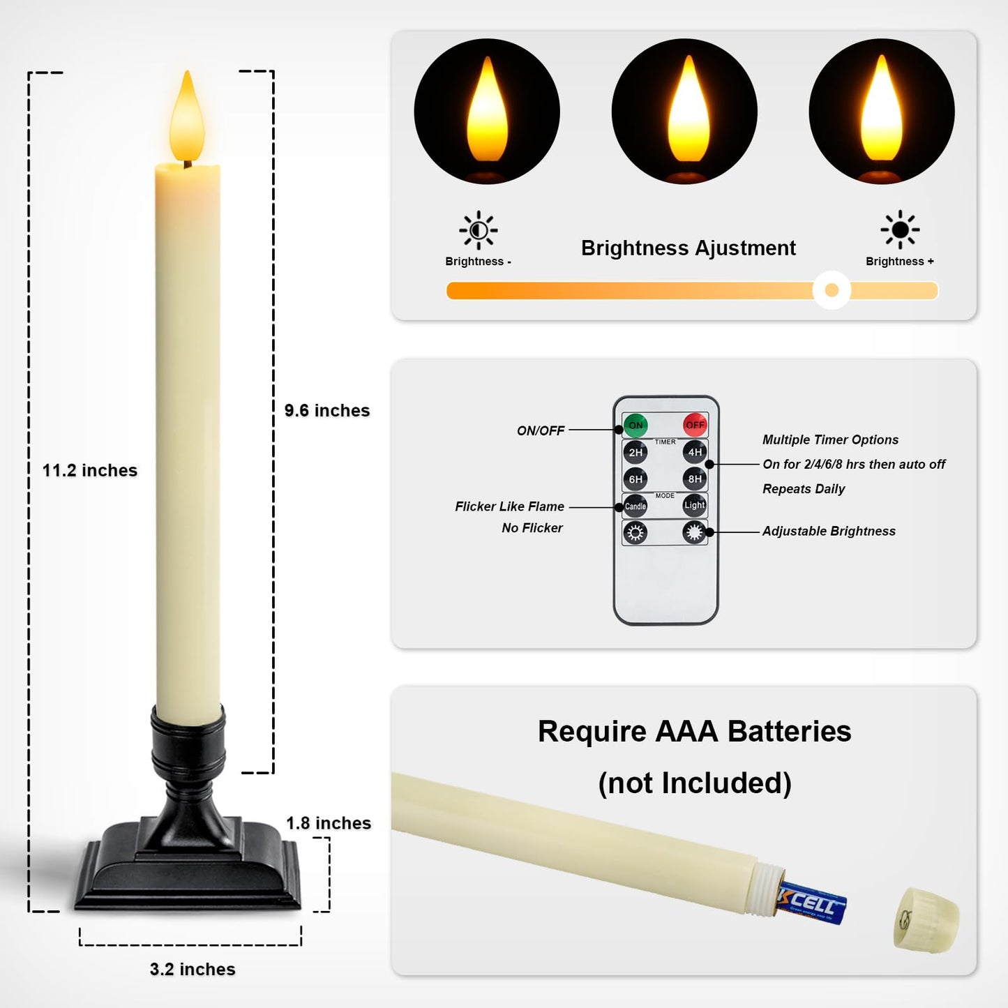 Homemory Real Wax Window Candles with Remote Timer Dimmer, Flameless Taper Candles with Holders, Christmas Candle for Window Battery Operated, LED Candlesticks for Home Holiday Decor,6 Pcs Ivory