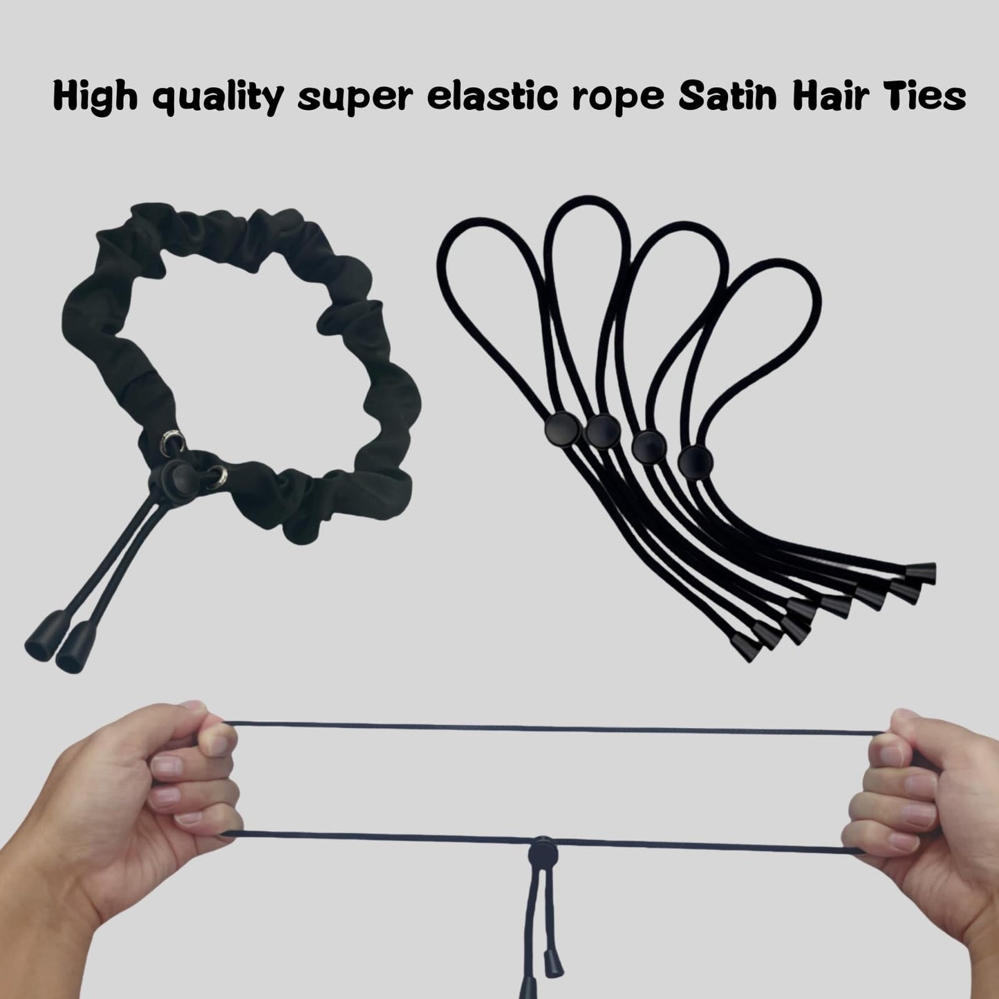 6 Pcs Black Large Adjustable Length Satin Hair Ties for Afro Puff,Thick Black Hair Band, Silk Soft Ponytail Holders,Perfect for