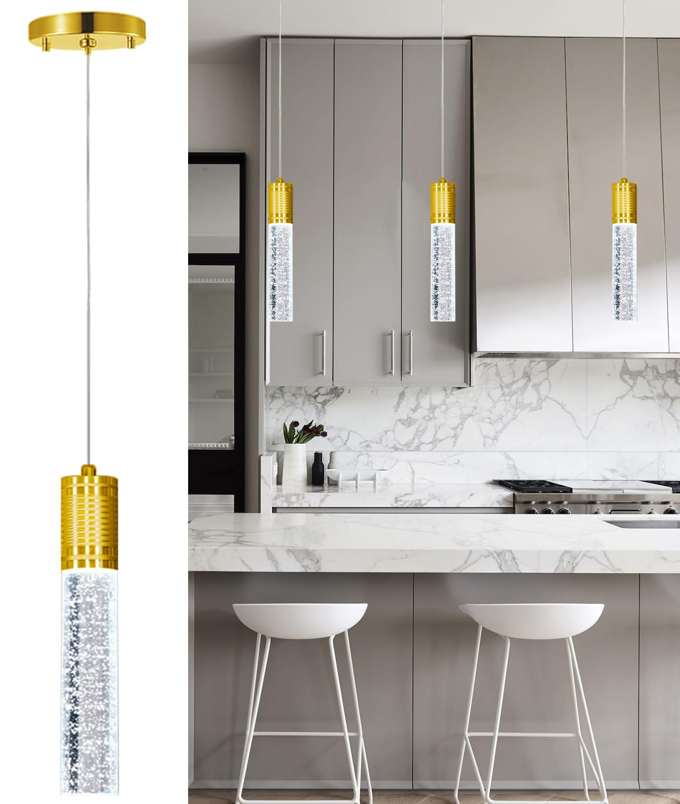 Haixiang Linear Chandeliers Led Pendant Lights For Kitchen Island Fixtures Bubble Crystal Chandeliers 6000K Daylight Led Bulbs Mini Pendant Lighting For Island Modern Pendant Light Fixtures