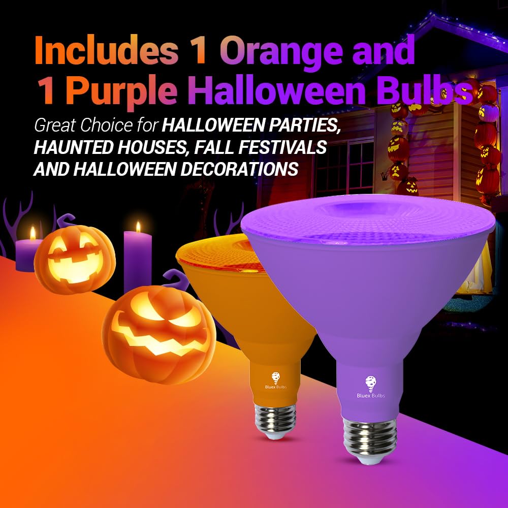 Par38 Led Flood Light Bulb - 18W (120Watt Equivalent) - Dimmable - E26 Base - Led Lights  Party Decoration  Porch  Home Lighting  Holiday Lighting  Flood Lights (Purple+Orange  2 Pack)