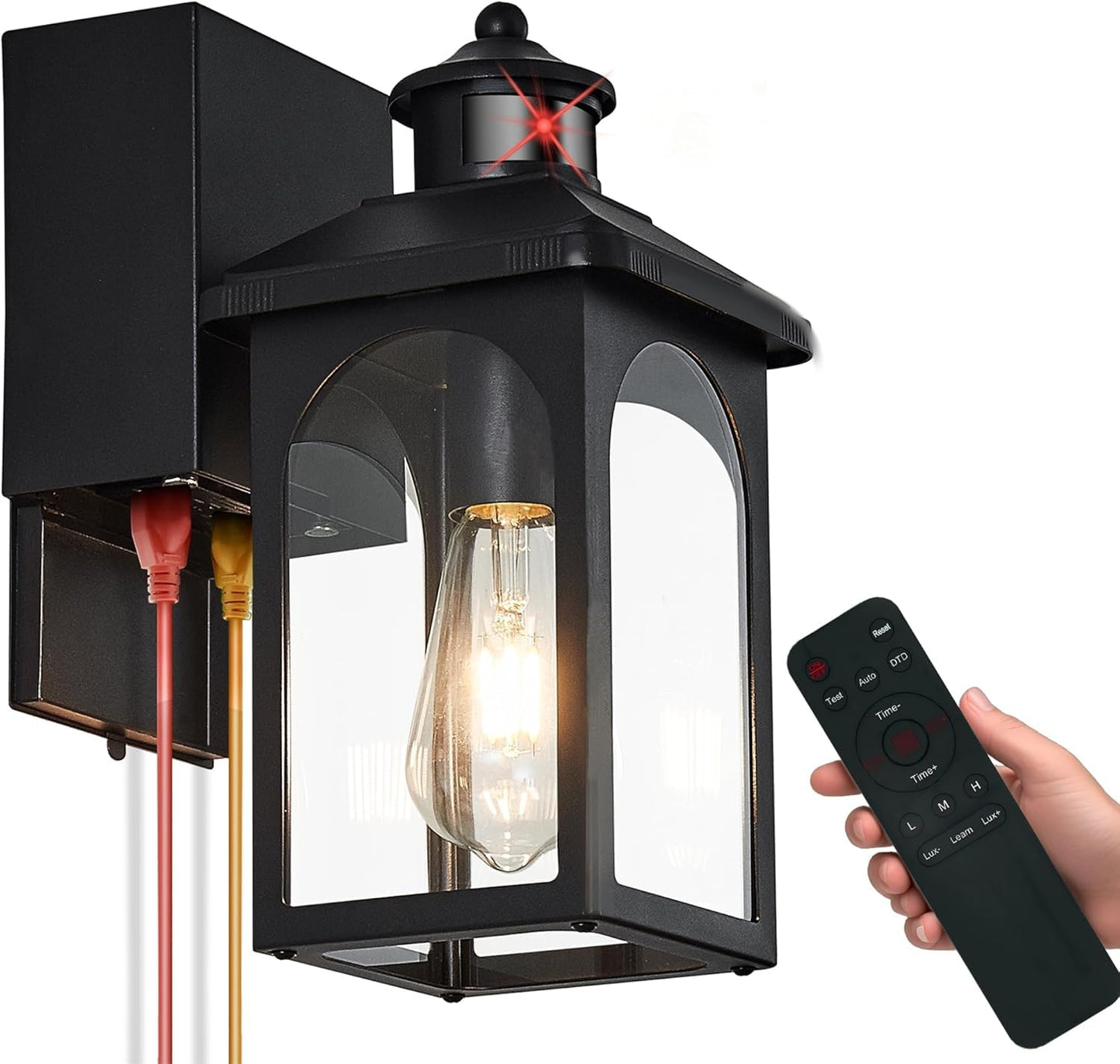 YJXGDIL Motion Sensor Porch Light with GFCI Outlet, Black Metal, 1 Pack, Model H2003-1B-RW, Dusk to Dawn Outdoor Lighting