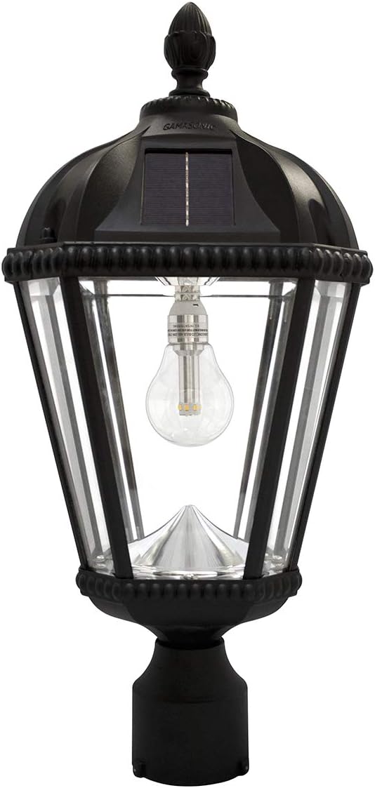 Gama Sonic Outdoor Solar Post Light, Black Aluminum, Royal Bulb, Rain Water Glass, Single Lamp with 3-inch Fitter for Lamp Posts Warm White LED, 98B012 (Upgraded Panel and Battery)