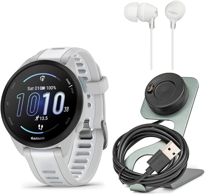 Garmin Forerunner 165 Music GPS Running Smartwatch (Mist Gray-Whitestone) Bundle with Focus Camera Charger Stand Smartwatc...