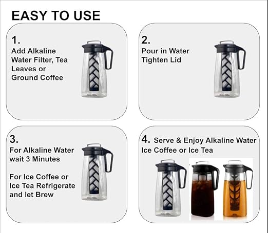 Alkaline Water Filter Pitcher with Infuser, Tritan Pitcher with Lid 2L | 9.5 pH Alkaline Filters | Tea Pitcher | Tritan BPA Free Ice Coffee Maker | Infuser Pitcher (100g Filter)