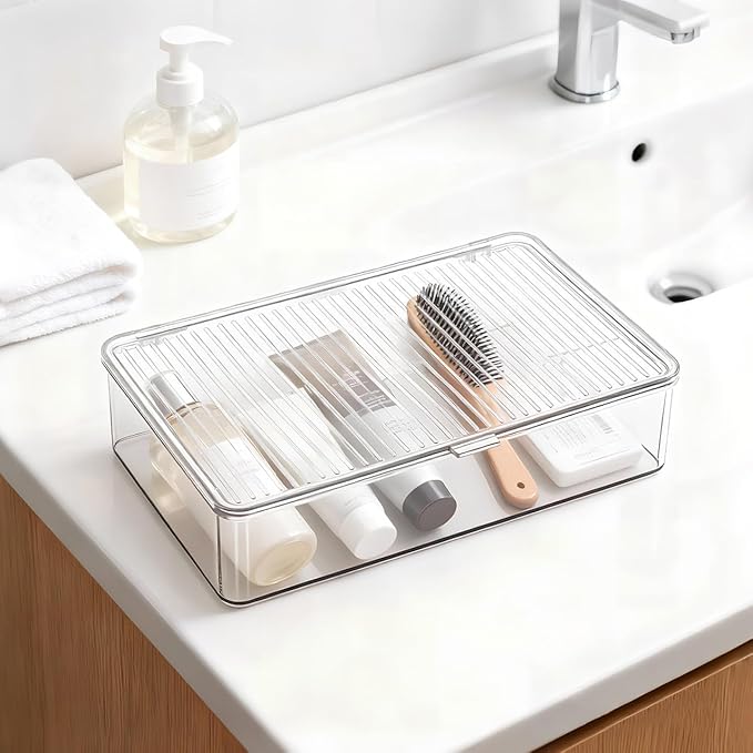 Transparent Flatware Tray Kitchen Drawer Organizer With Lid, Plastic Kitchen Cutlery Tray and Utensil Silverware Storage Container with Cover, Multi-Purpose Storage Box for Bathroom, Office, and Dorm