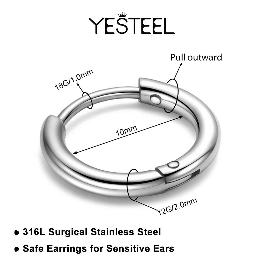 10MM Surgical Steel Hoop Earrings, Silver Huggie Earrings Mens Hoop Earring for Sensitive Ear, Hypoallergenic 316L Surgical Stai