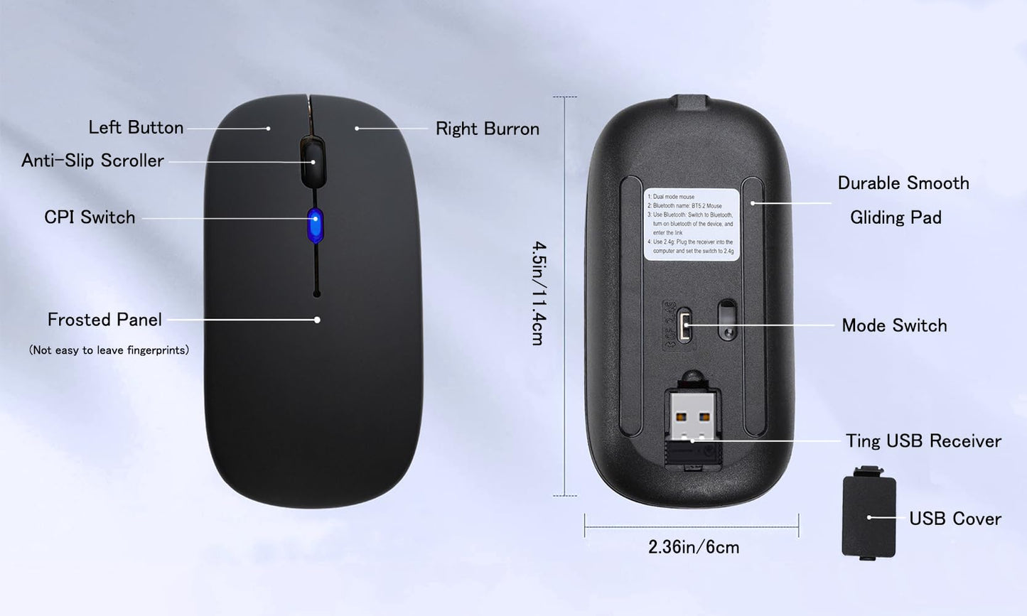 AIKOKOK Wireless Bluetooth Mouse Rechargeable Laptop Mice with LED Use Portable(BT5.2 and USB 2.4G) Dual Mode Connection Silent Slim Computer Mouse for Laptop/iPad Tablet/Apple MacBook/PC (Black)