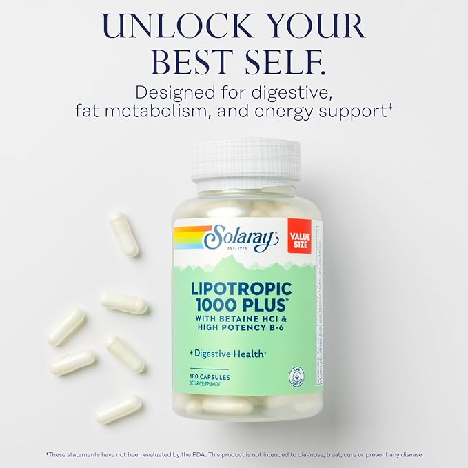 Solaray Lipotropic 1000 Plus with Betaine HCl & High Potency B-6, Healthy Digestion, Energy, and Fat Metabolism Support, Lipotropic Complex Plus Aloe Vera, 60 Day Guarantee, 30 Servings, 180 Capsules