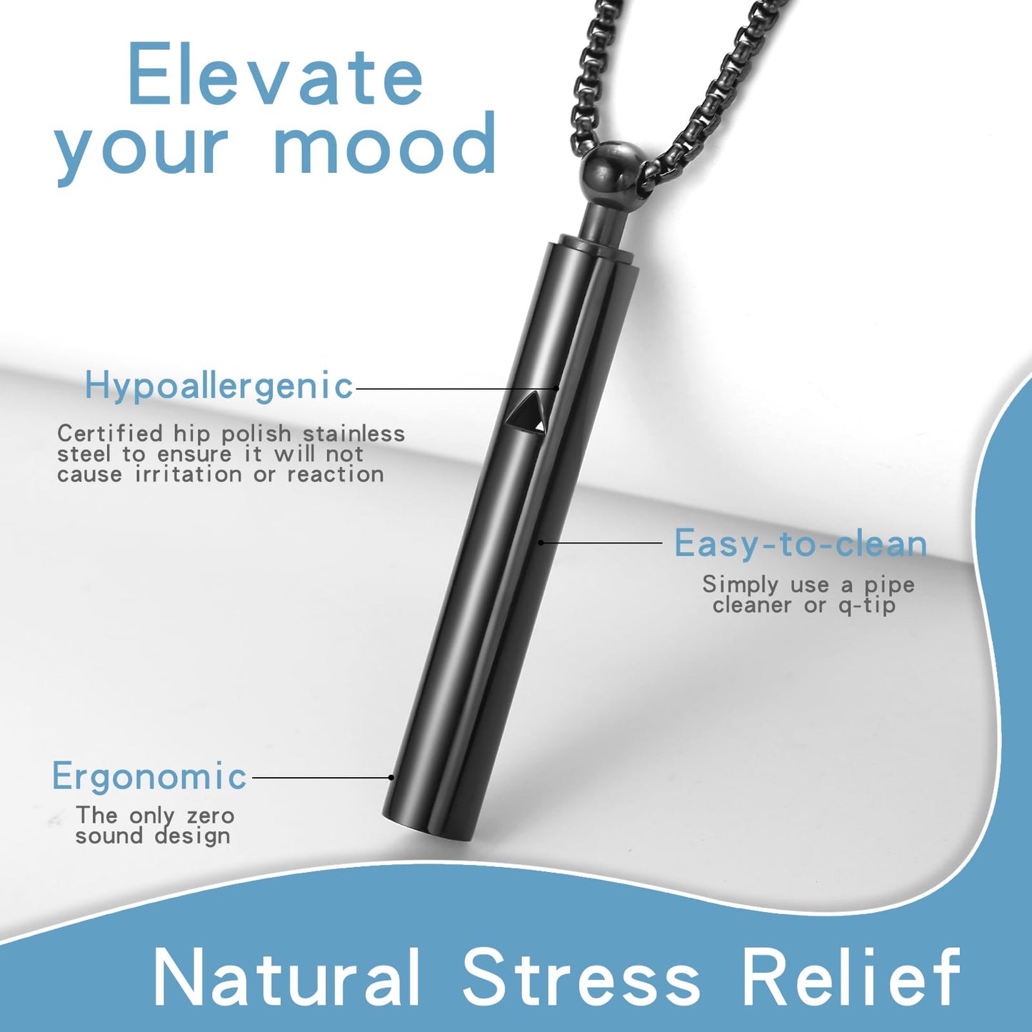 Anxiety Breathe Easy Necklace Mindfulness Breathing Necklace Breathlace Stainless Steel Pendant for Natural Calm & Stress Relief (Black T)