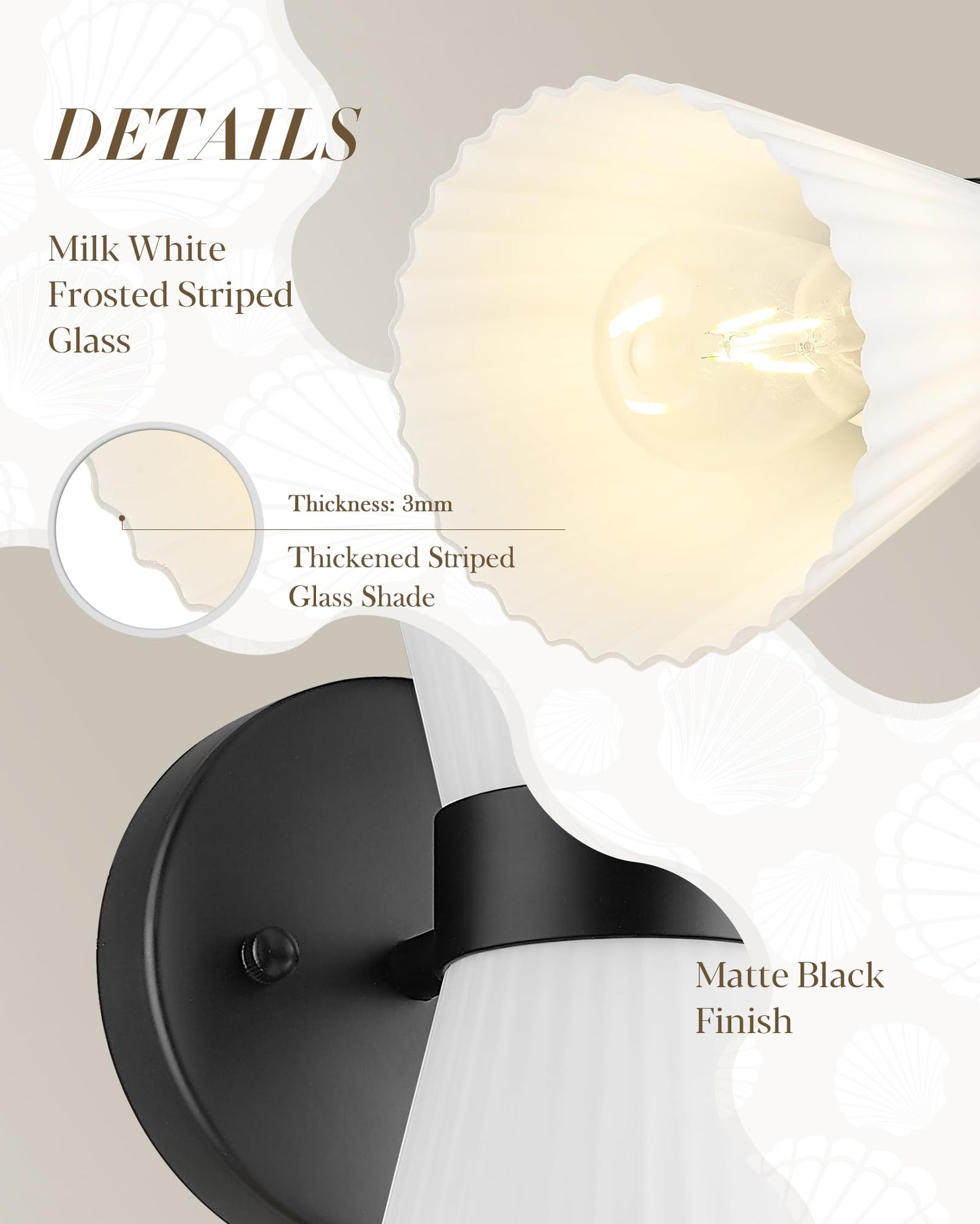 Modern Black Wall Sconce  Hwh Up And Down Indoor Sconces Wall Lighting With Frosted Milk White Striped Glass Shade  Hardwired Wall Mounted Vanity Lamp For Bathroom  5Hzg97B-2W Bk
