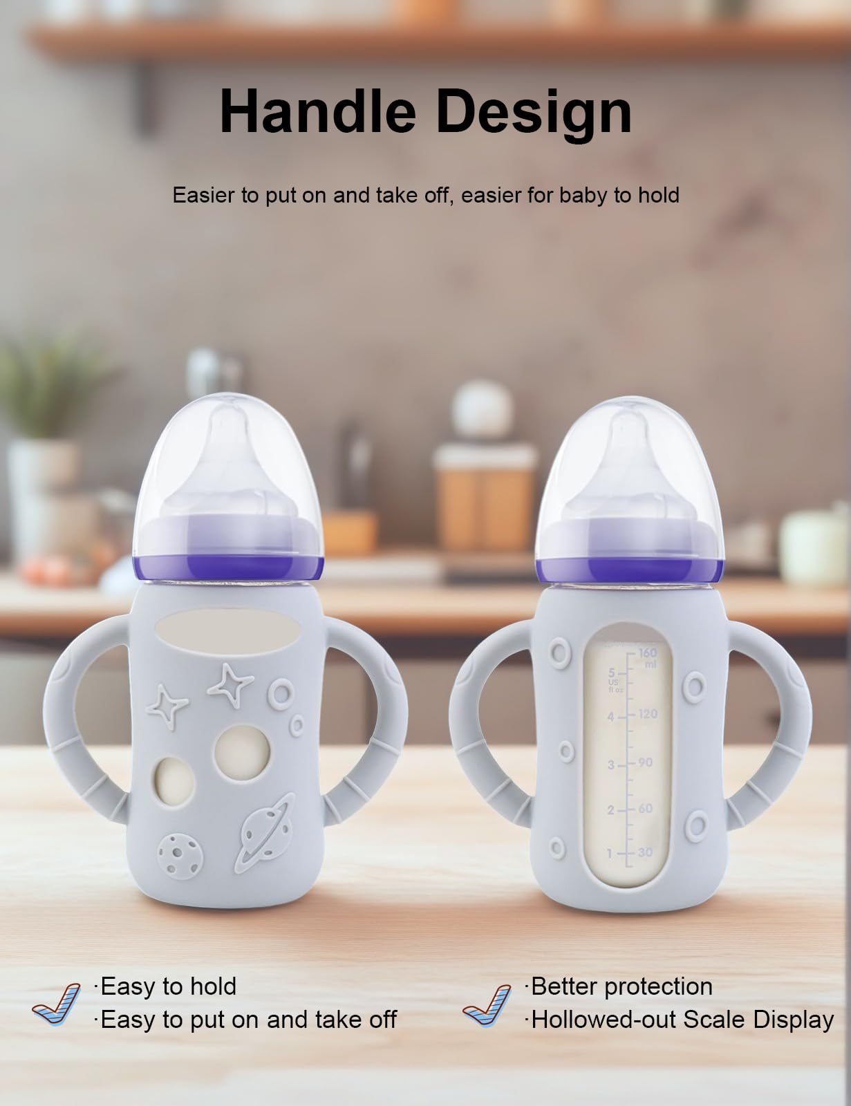 ZCH 4-Pack Silicone Sleeves for Lansinoh Glass Bottles, BPA-Free Drop-Resistant Baby Bottle Sleeves with Handles, Compatible with Lansinoh Anti-Colic Glass Baby Bottles (5 oz)