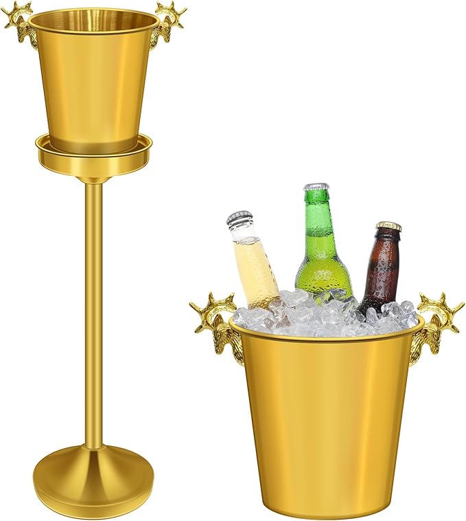 ExGizmo Ice Bucket with Stand,Gold Stainless Steel Champagne Ice Bucket,Deer Head Handle Wine Chiller Bucket for Christmas...