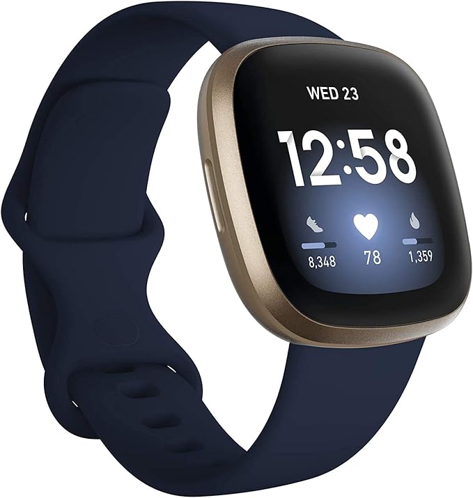 Fitbit Versa 3 Health & Fitness Smarwtach with GPS, 24/7 Heart Rate, 6+ Days Battery, Midnight Blue/Gold, One Size (S & L ...