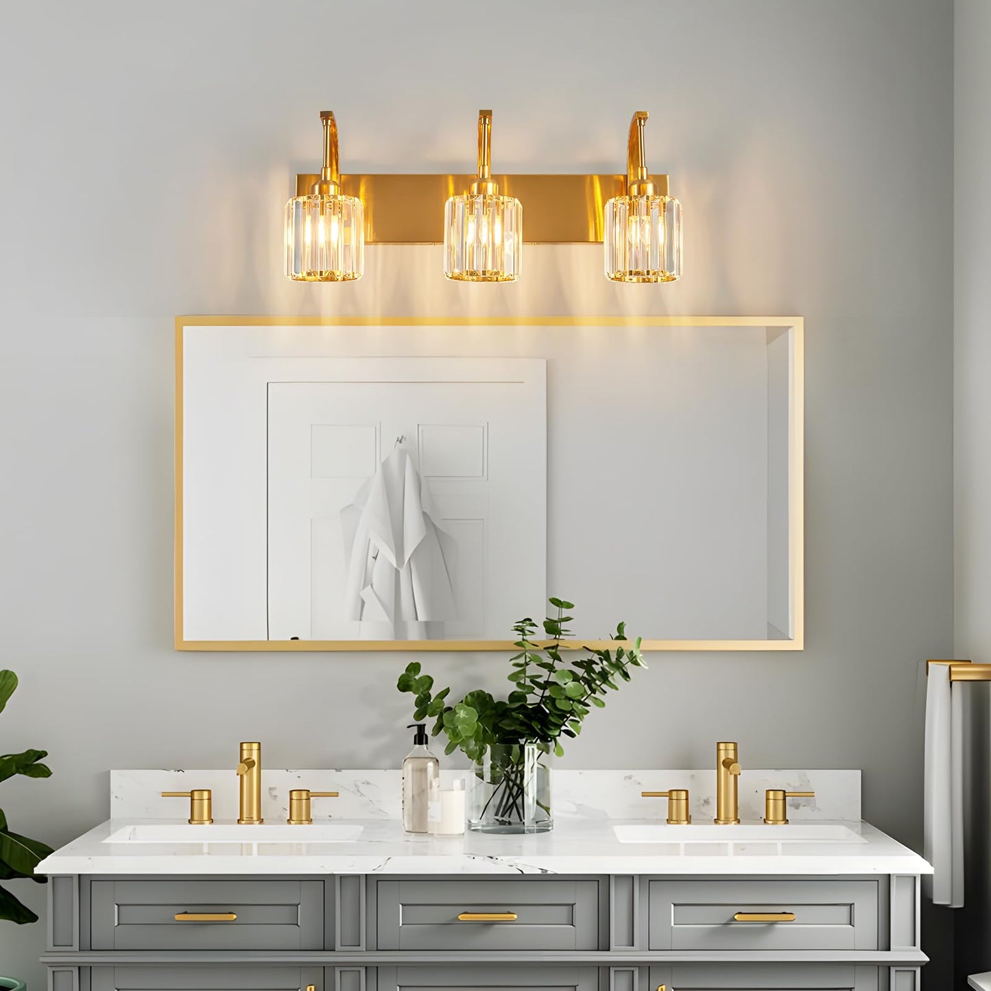 Fdpby 3-Light Crystal Vanity Light  Modern Gold Bathroom Wall Sconce With K9 Crystal Shades  23.62 Long Over Mirror Lighting For Vanity  Makeup  Hallway  Elegant & Durable