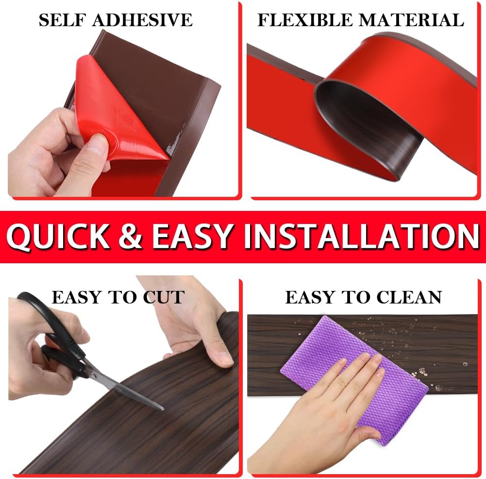 Vinyl Wall Base Baseboard Molding Trim 6" Flexible Self Adhesive Rubber Wall Base Moulding Trim Peel and Stick Design, 6 Inch x 40 Feet, Brown Wood