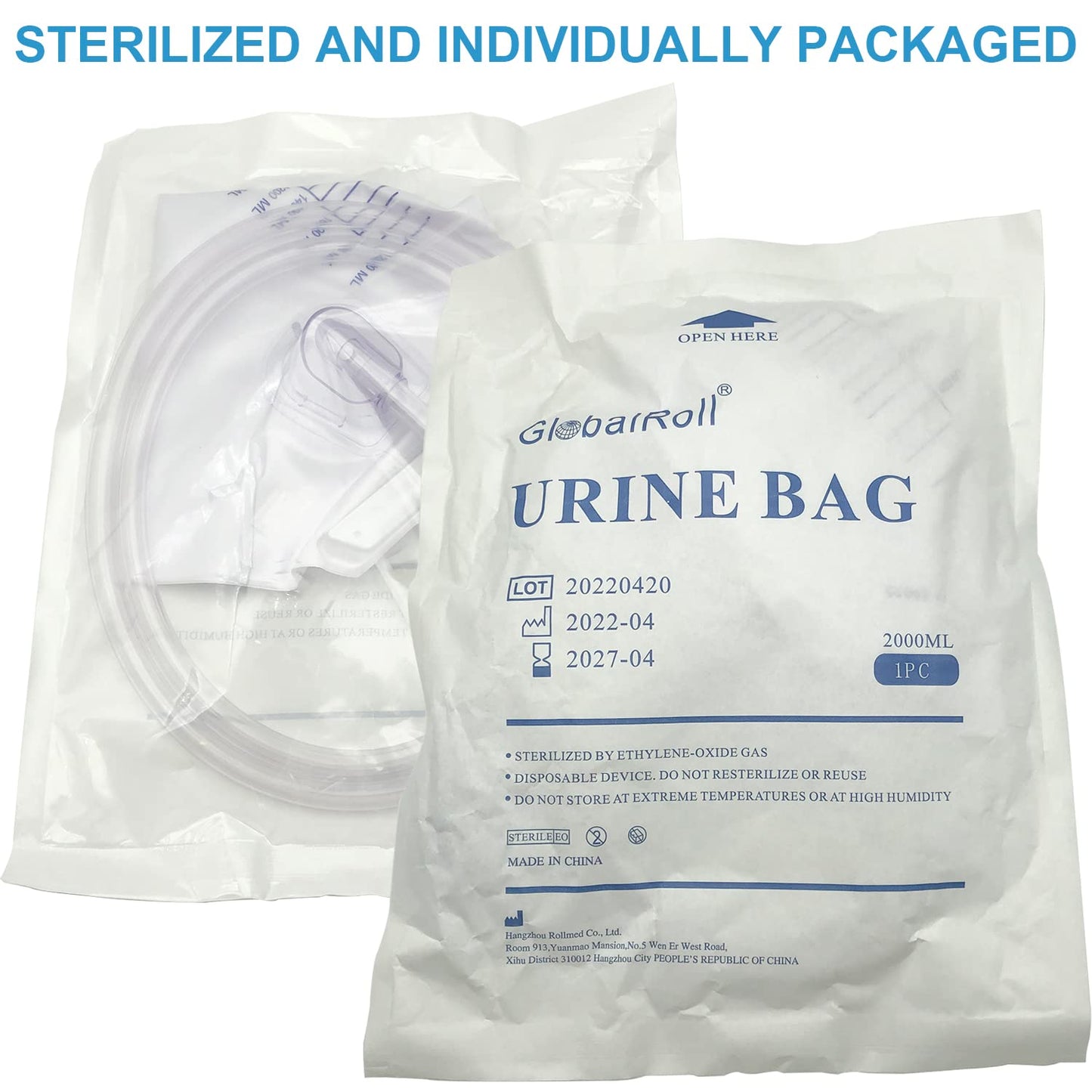 GlobalRoll Urinary Drainage Bag with Anti-Reflux Chamber, Urine Bag with 2000 mL Volume, 48" Drainage Tube, Clips and Hanging Hook, Professional Urinary Bag for Home and Hospitals Health Aids, 5 Pack
