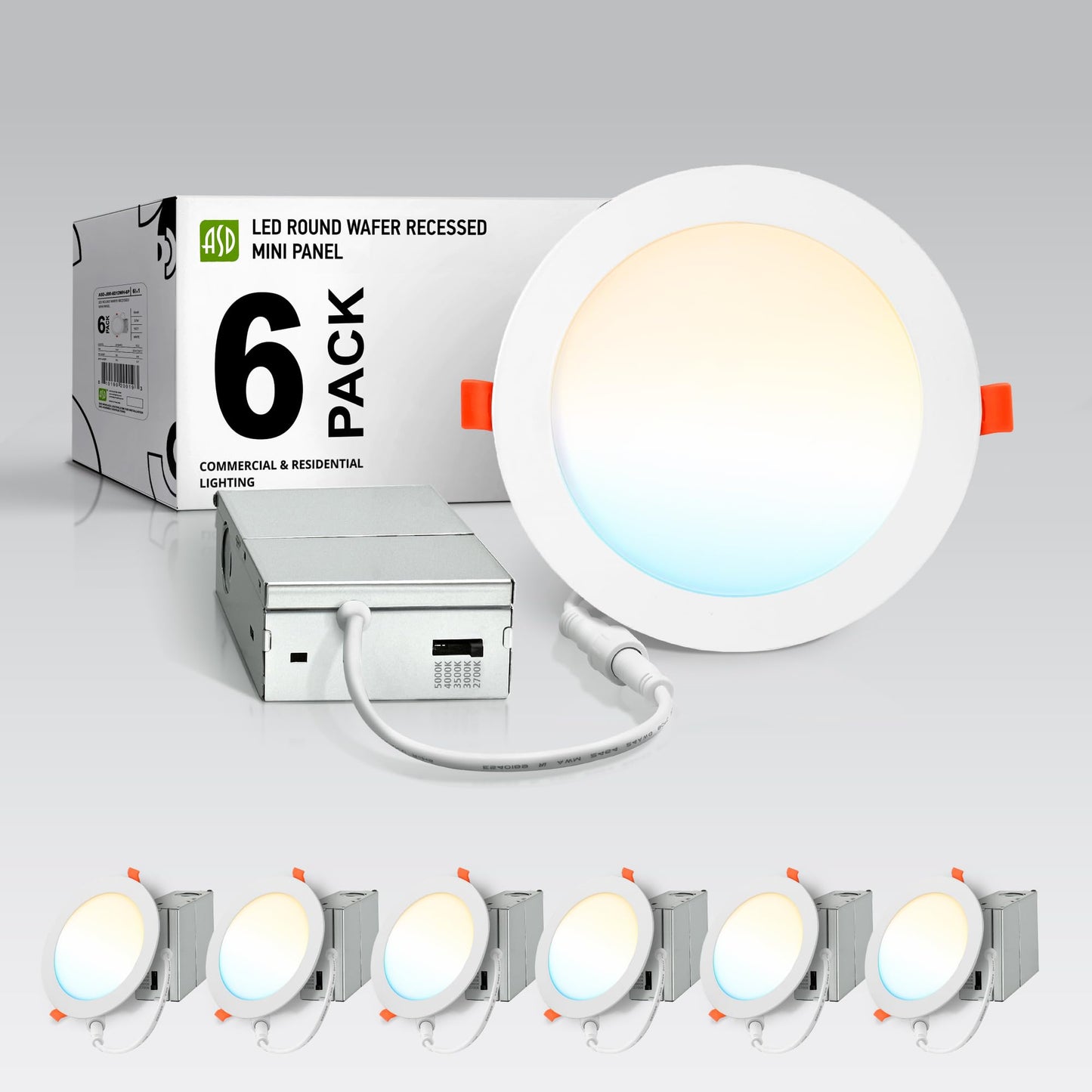 Asd 6 Pack Led Recessed Lighting 6 Inch 15W  5 Cct 2700K-5000K Cri90+  Ic Rated Ultra Thin Dimmable Ceiling Lights With J Box  Canless Wafer Downlight  Round Slim Panel Light  Energy Star Etl  White