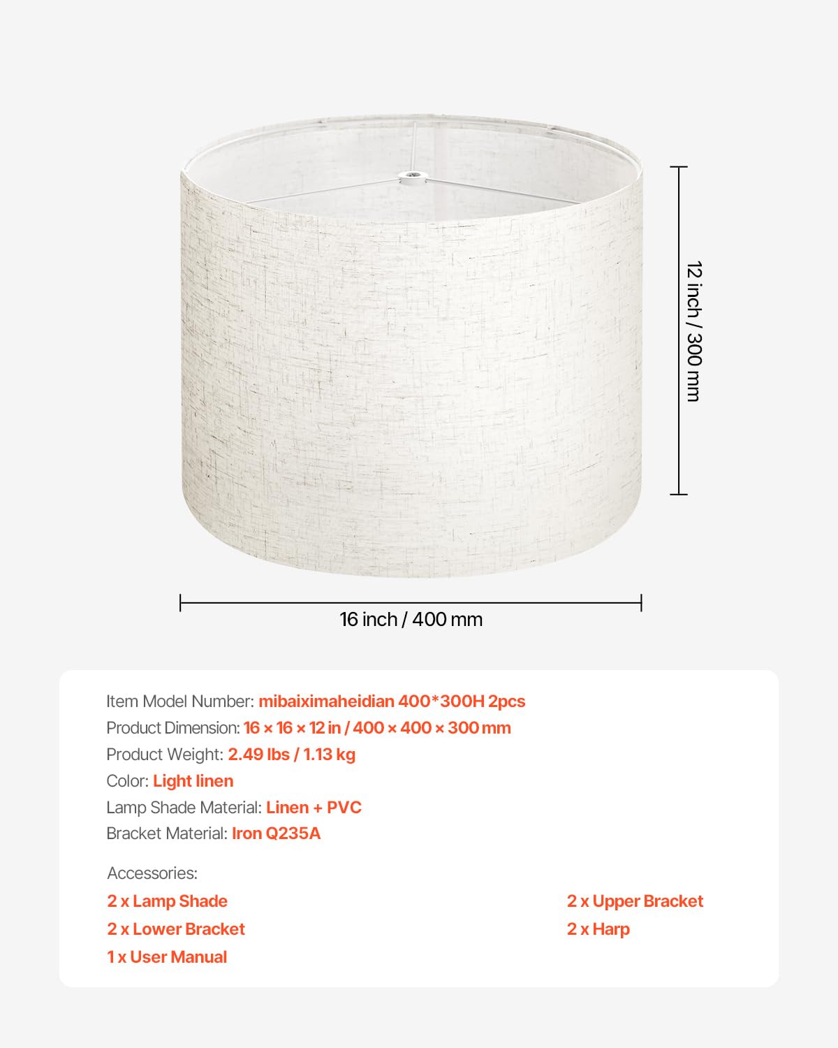 Vevor Drum Lamp Shade 2 Set  16 In Top X 16 In Bottom X 12 In High  Large Lampshade With Harp  Replacement Lamp Shade For Table Lamps Floor Lamps Pendant Lights  Easy Assembly Required (Light Linen)