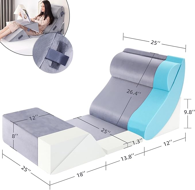 BDEUS 6PCS Extra Wide 25 Inch Orthopedic Bed Wedge Set for Sleeping, Post Surgery, Pain Relief, Acid Reflux, Adjustable Leg, Back and Arm Support, Sitting Up and Rest Pillow with Travel Bag