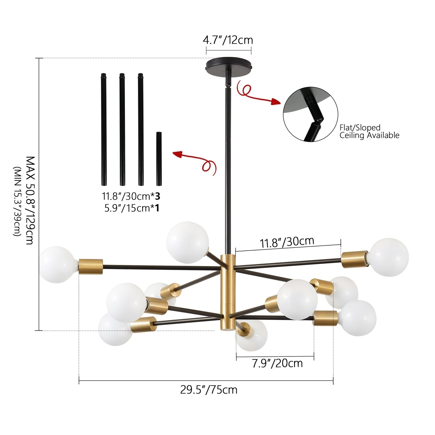 Kaisite Modern 10-Light Sputnik Chandelier - Black & Gold Metal Pendant Lighting For Kitchen, Dining Room, Living Room, Bedroom, Model 8006-10C