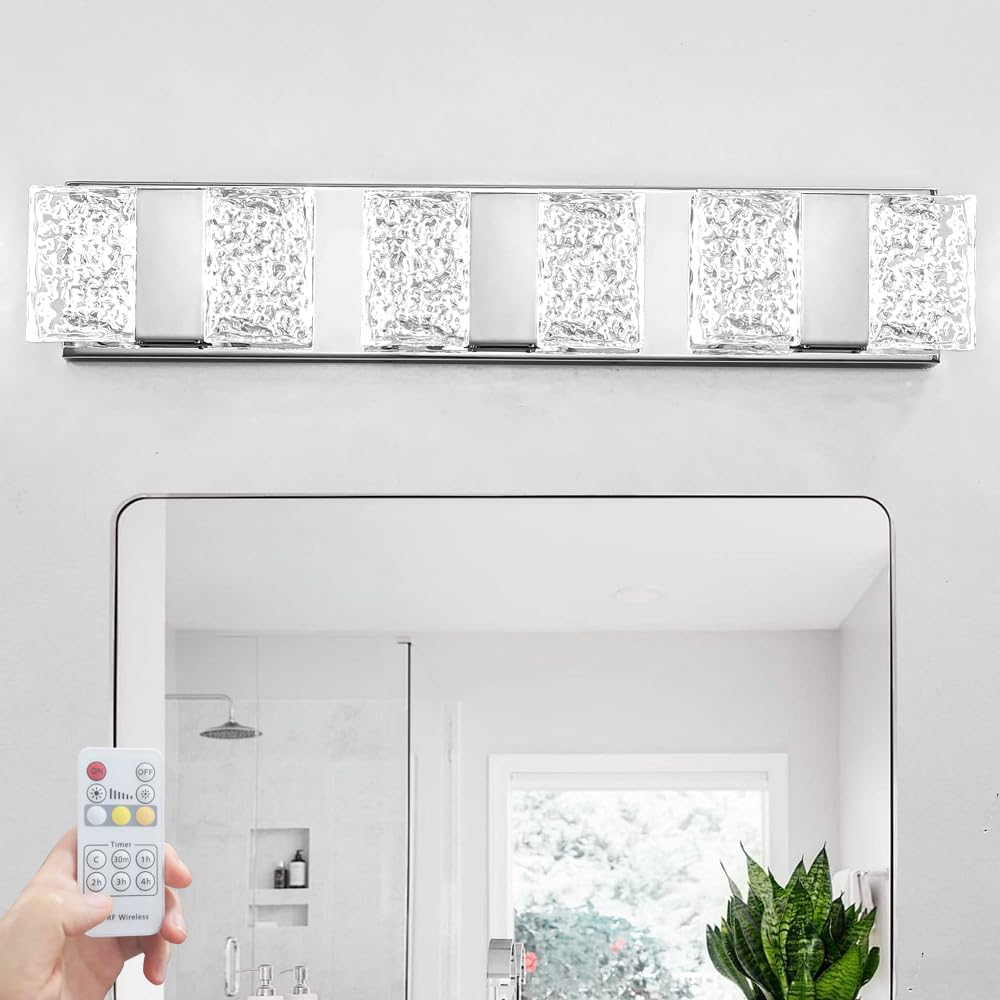 Modern 6-Lights Bathroom Vanity Lighting  Chrome Crystal Led Bathroom Light Fuxtures Over Mirror  Art Deco Dimmable Wall Sconce  Crystal Bathroom Light  Acrylic Hardwired Wall Lamp(H4.33In  L22.64In)