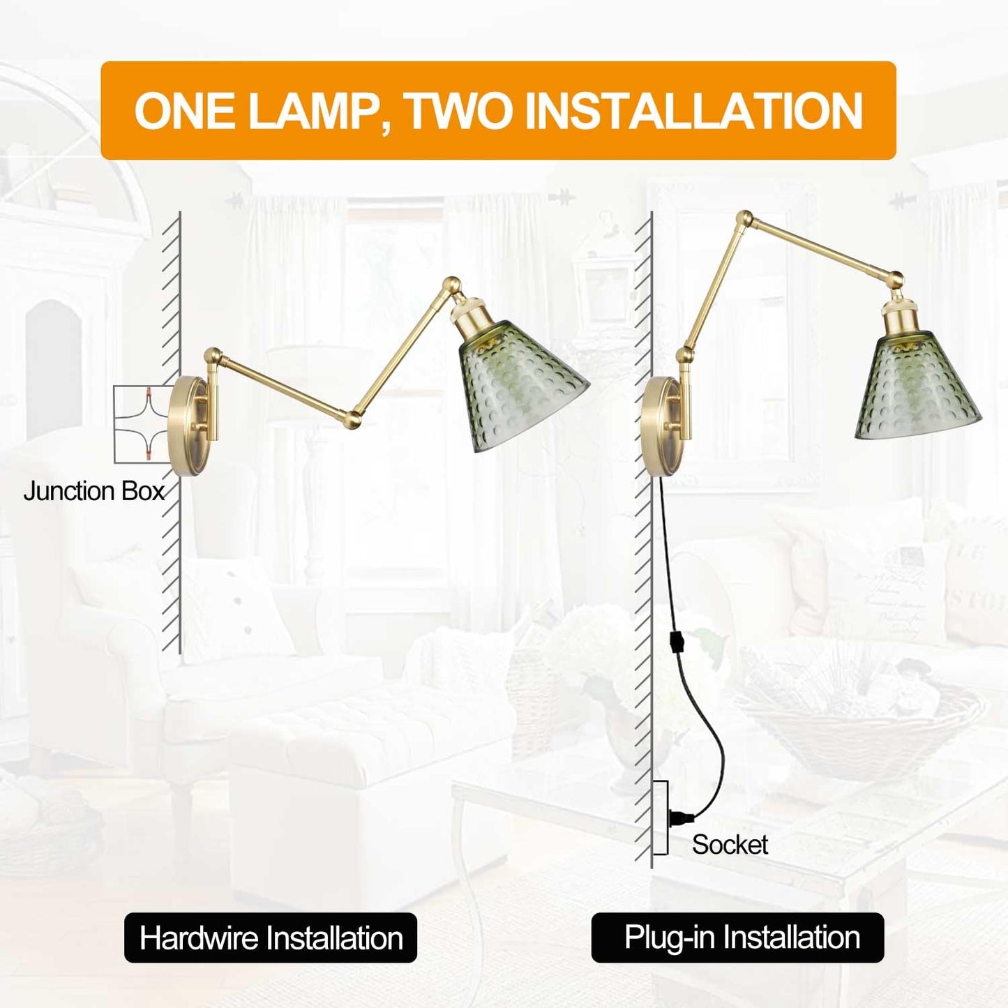 BARSUNS Swing Arm Wall Sconce, Adjustable Brightness, RGBW Bulb with Remote, Gold & Green, Model BS-WL351YG-B