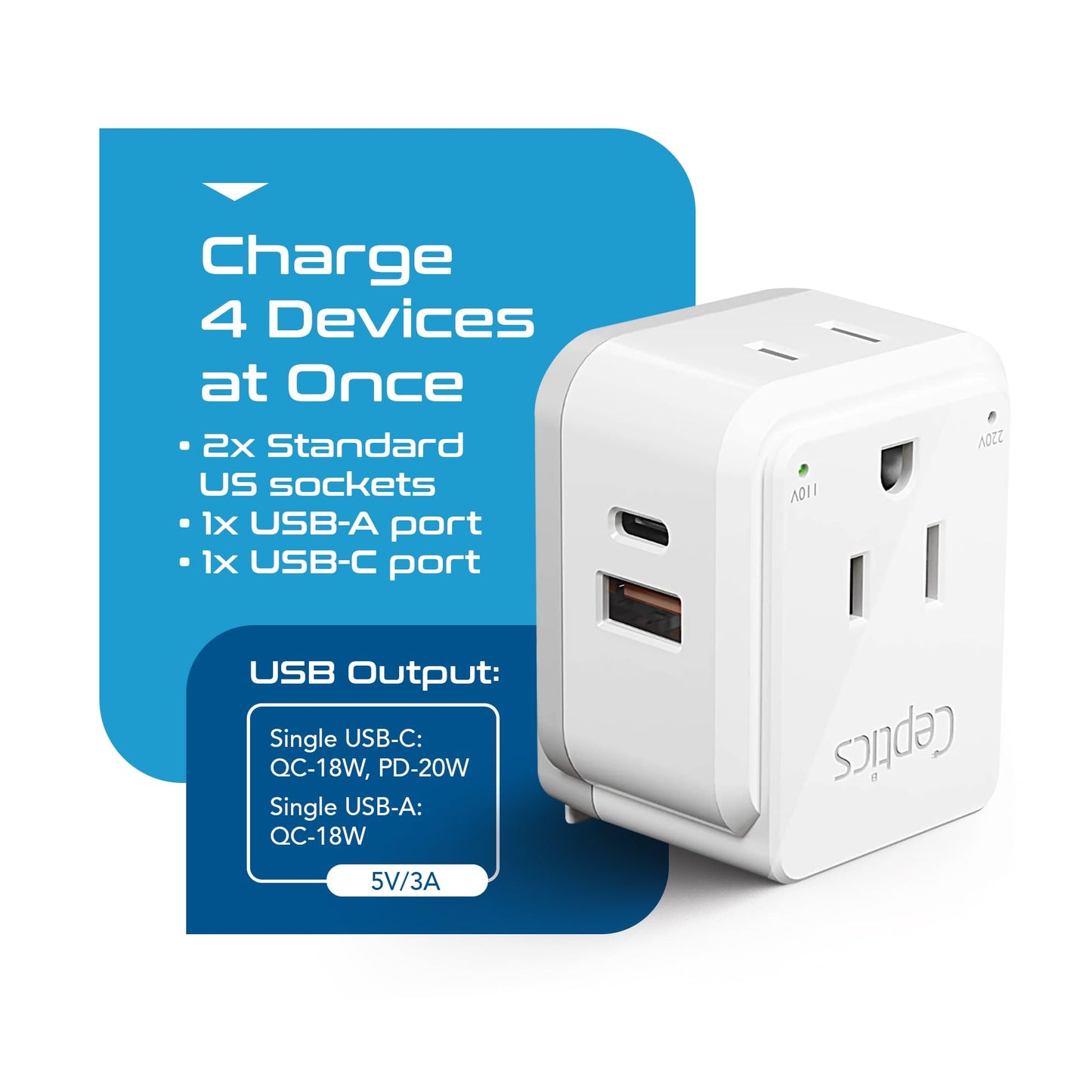 Ceptics Israel, Jordan Power Plug Adapter Travel, 20W Pd & Qc, Safe Dual Usb & Usb-C 3.1A -2 Usa Socket - Use In Jerusalem, Pale