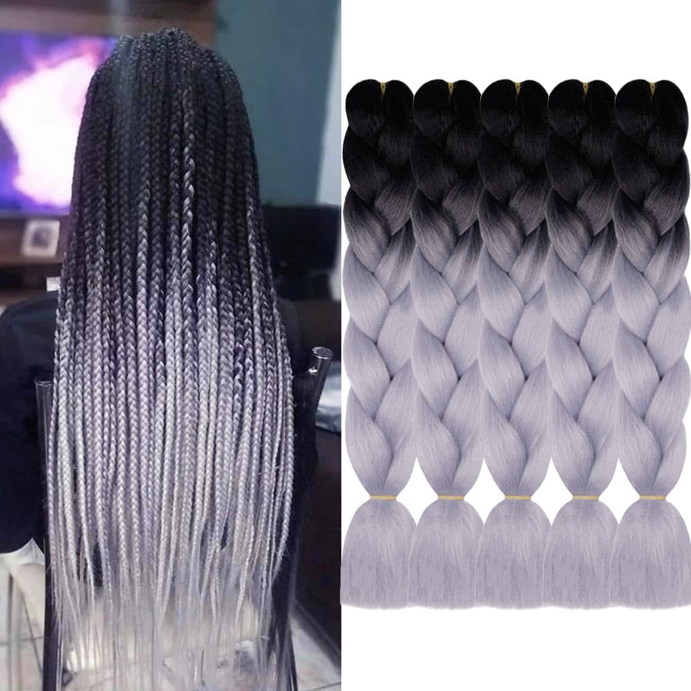 AIDUSA Ombre Braiding Hair Gray Braiding Hair Extensions 5pcs Synthetic Braids 24 Inch 2 Tones Gray Hair for Box Braids Crochet