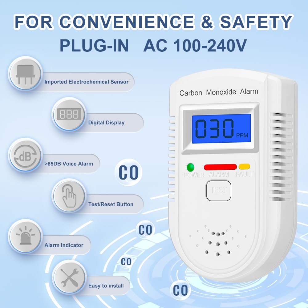 Carbon Monoxide Detector Plug in Wall，CO Gas Monitor Alarm Detector with Digital Display Sound & Light Warning for Home/Workplace/Travel
