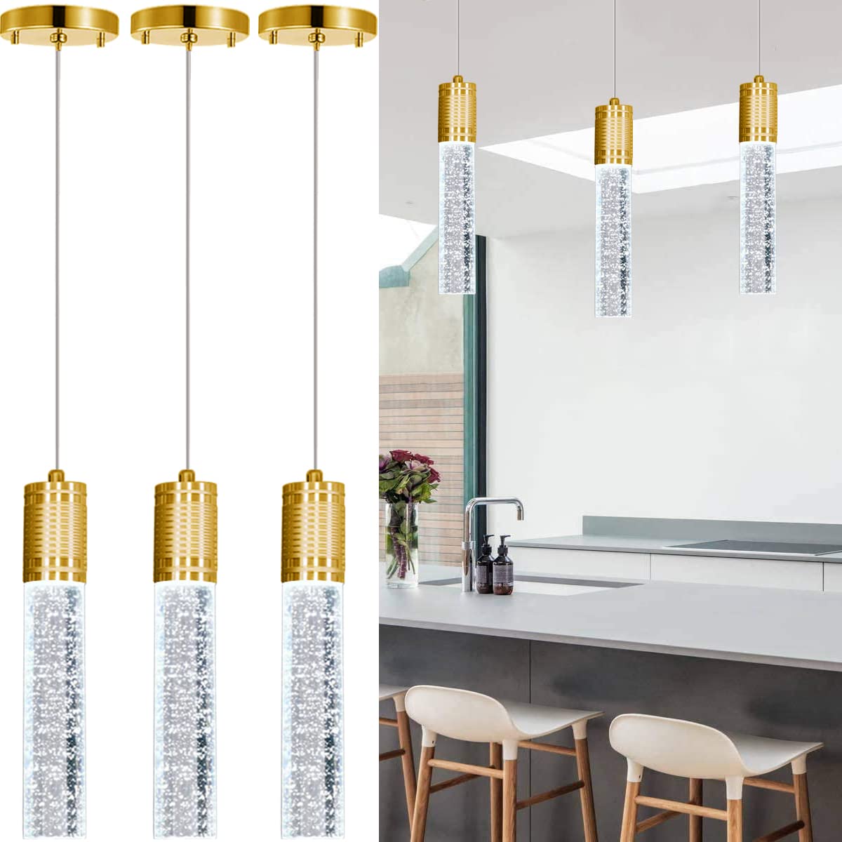 Haixiang 3-Pack Gold Led Pendant Light Fixture For Kitchen Island, Modern Metal Chandelier, Daylight Bulbs Included, Model D16806B1