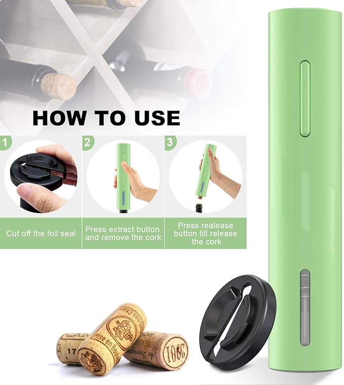 COKUNST Battery Wine Opener, Automatic Corkscrew with Foil Cutter Gift for Home Wedding Party Green