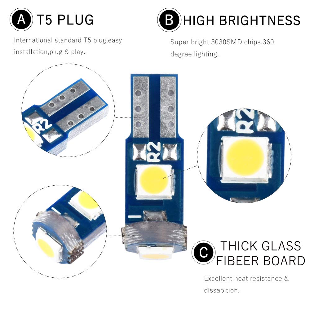 1797 T5 Led Bulb - White 6000K 3030 Smd Wedge Base - Pack Of 10 For Car & Truck Interior Lighting