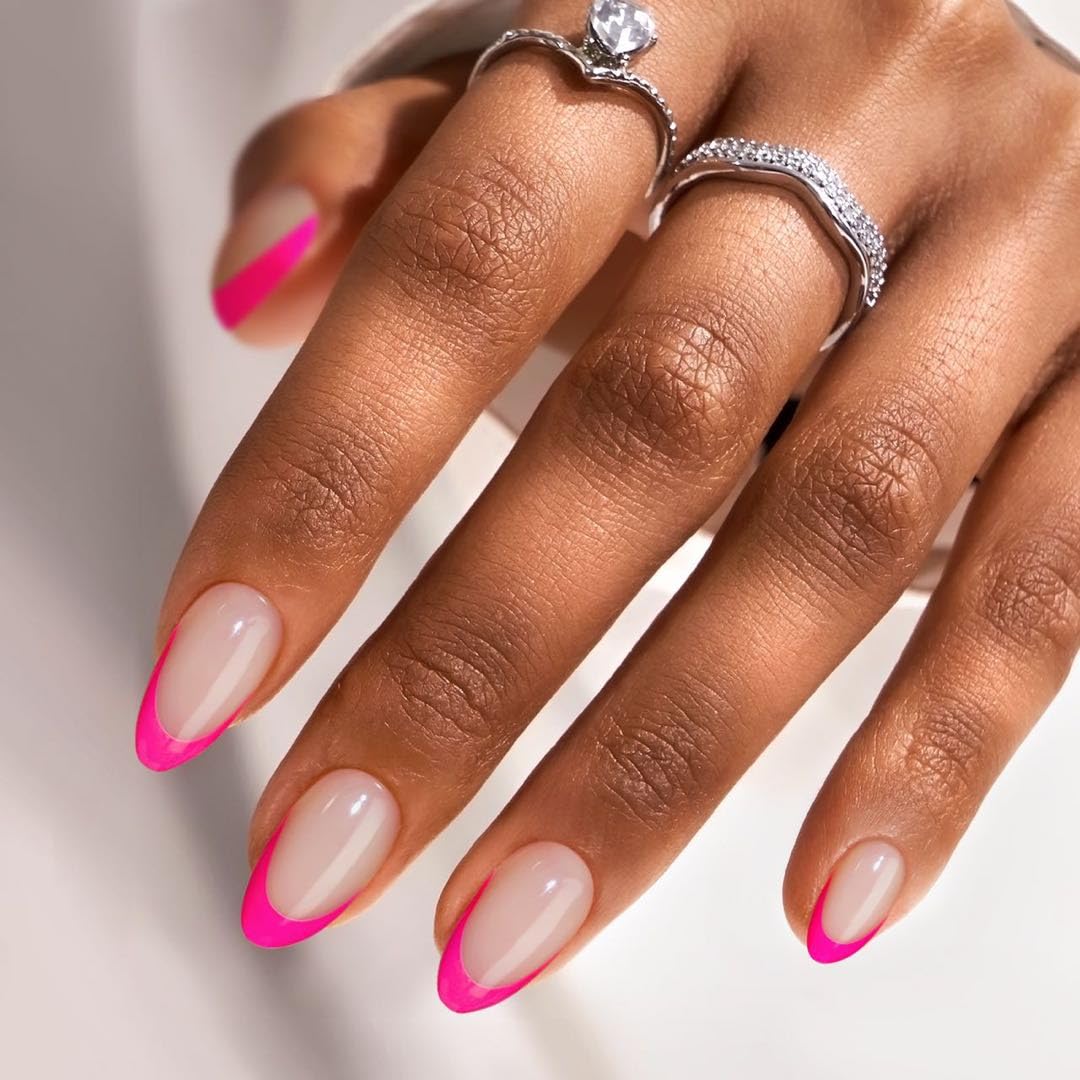 French Tip Press On Nails Almond - BTArtbox Hot Pink Short Stick On Nails for Women, Glue On Nails with Nail Glue in 16 Sizes - 30 Soft Gel Fake Nails Kit, Berry French
