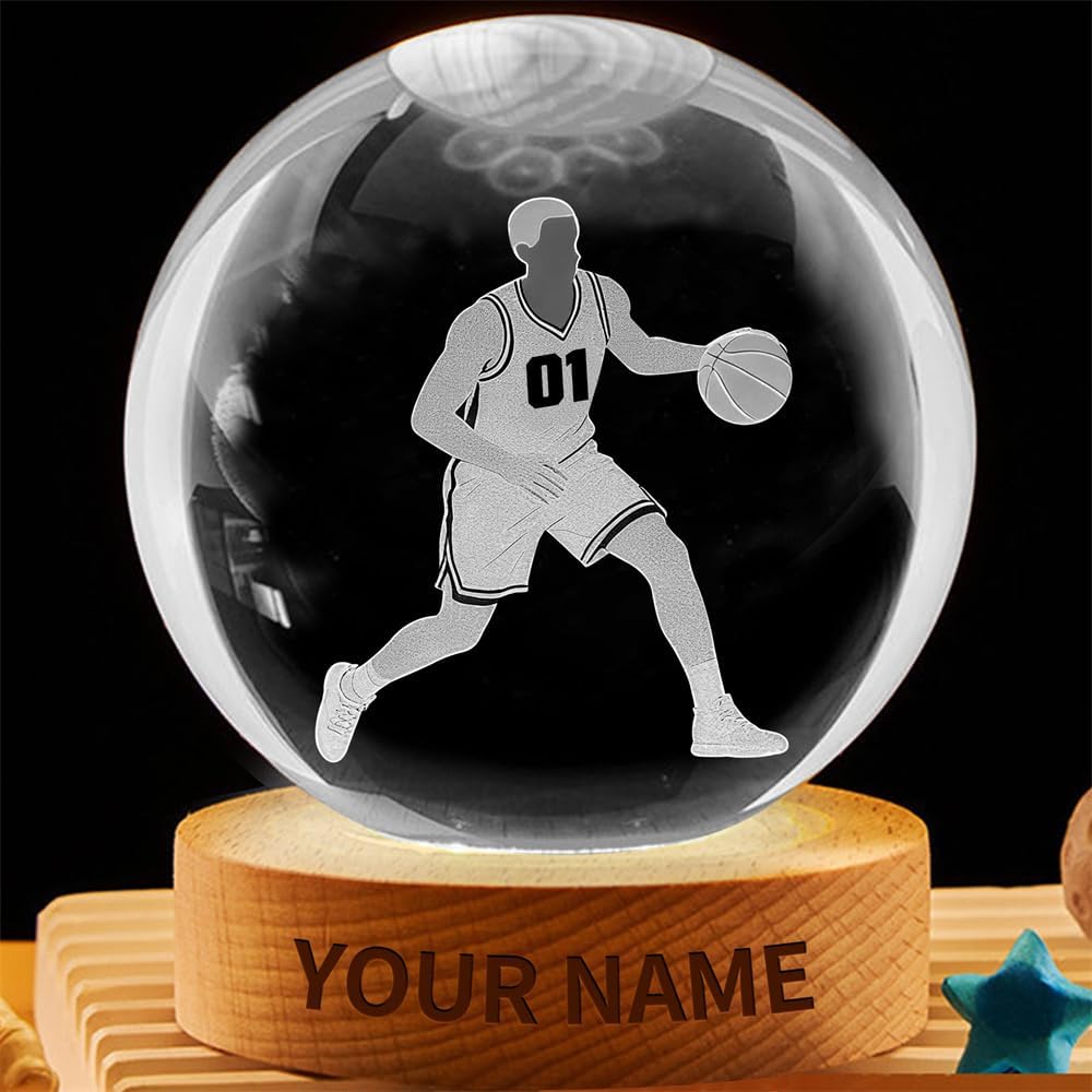 Personalized Basketball Crystal Night Light Gift for Men Women, Custom Name/Number Basketball Player 3D Crystal Ball Night Light Lamp for Bedroom Room Sports Decor Party Bar Christmas Birthday Gift