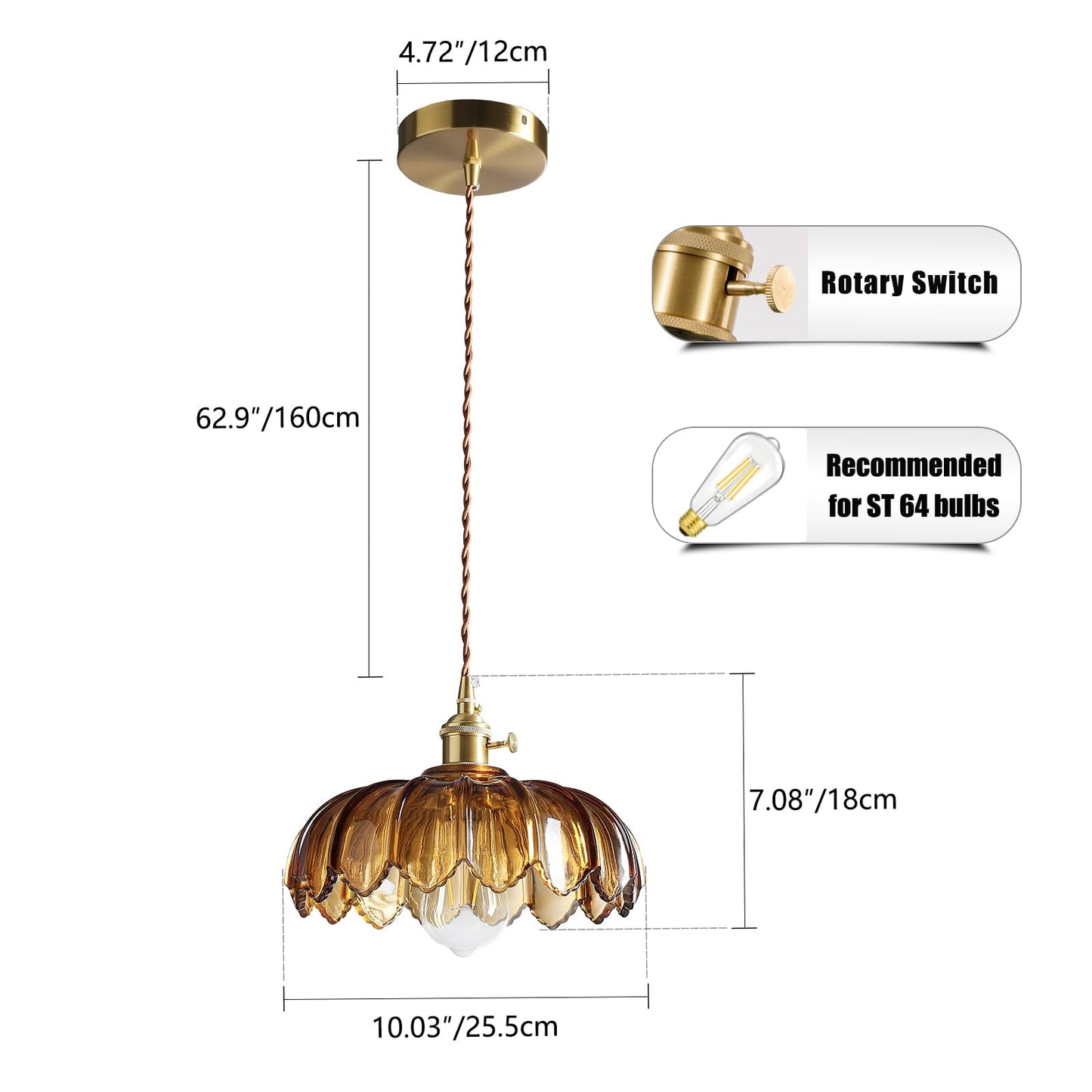 Xzhgcee Pendant Lights Kitchen Island: Amber Glass Hanging Light Fixture With Rotating Switch  E26 Base - Modern Lighting For Dining Room  Bedroom & Living Room