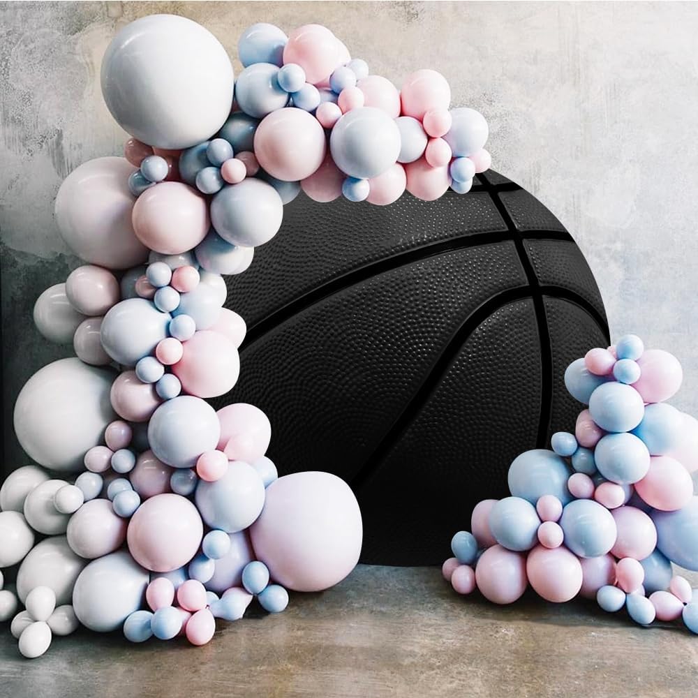 Leyiyi 7.2x7.2ft Basketball Round Backdrop Cover - Black Basketball Match Sports Theme Circle Photography Background for Boys Baby Shower Newborn Gender Reveal Party Decor