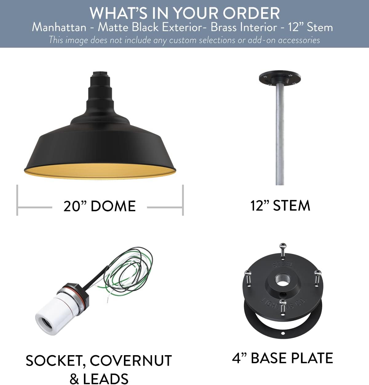 Steel Lighting Co. Manhattan Warehouse Light | Ceiling Mounted Pendant | 20 inch Dome | 12 inch Stem | Large Steel Barn Light Made in America | Matte Black Exterior/Brass Interior