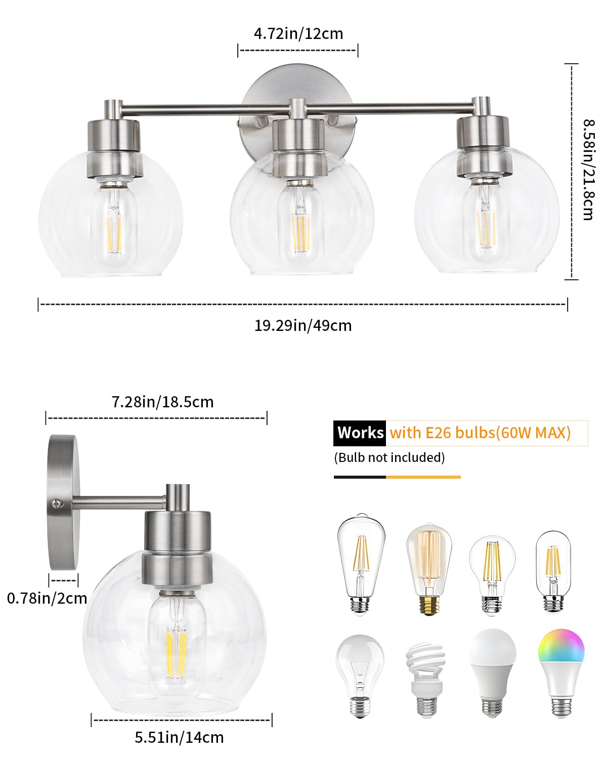 Wilon Brushed Nickel Vanity Lights For Bathroom  3 Light Bathroom Vanity Light With Globe Clear Glass Shades  Silver Bathroom Lighting Fixtures Over Mirror  Modern Bathroom Sconces Wall Lamp