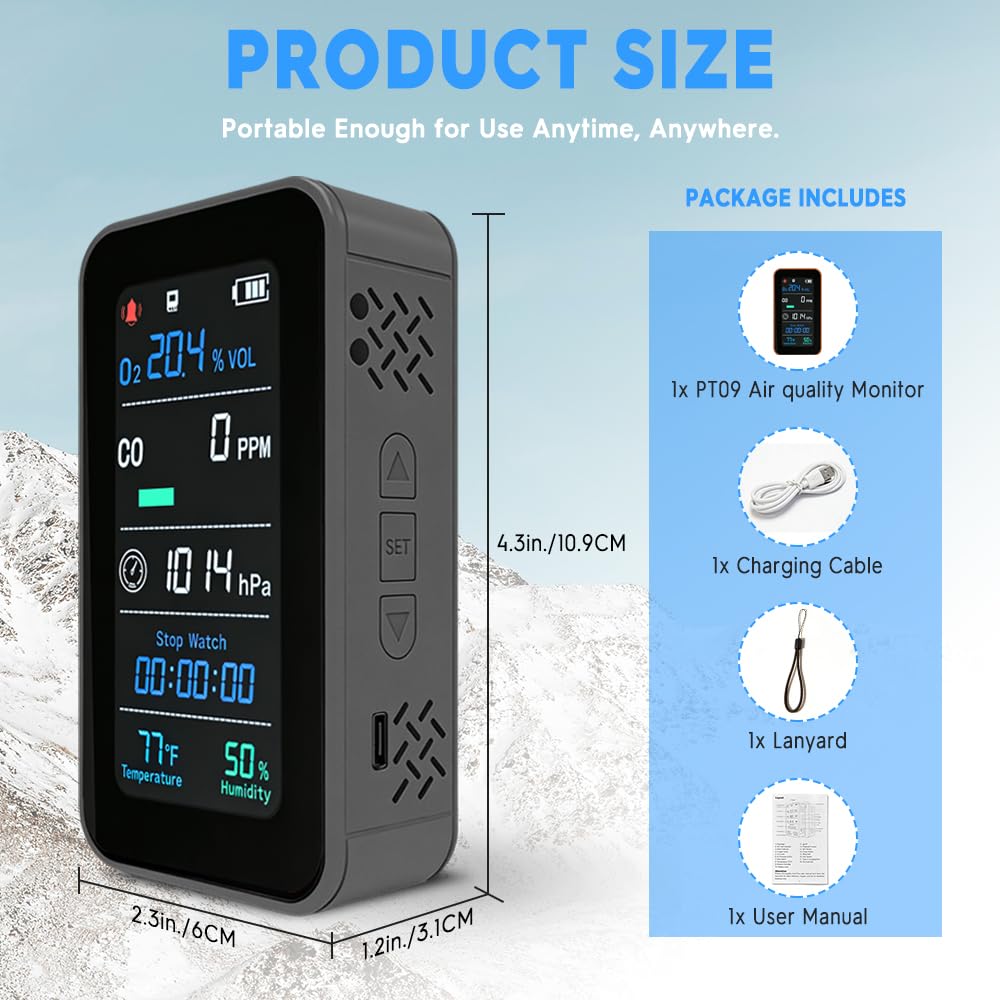 GZAIR Portable 7-in-1 Multi Gas Detector, O2 CO Gas Monitor with Temperature Humidity Air Pressure Sensors, Rechargeable Device with Data Logging and Flashlight