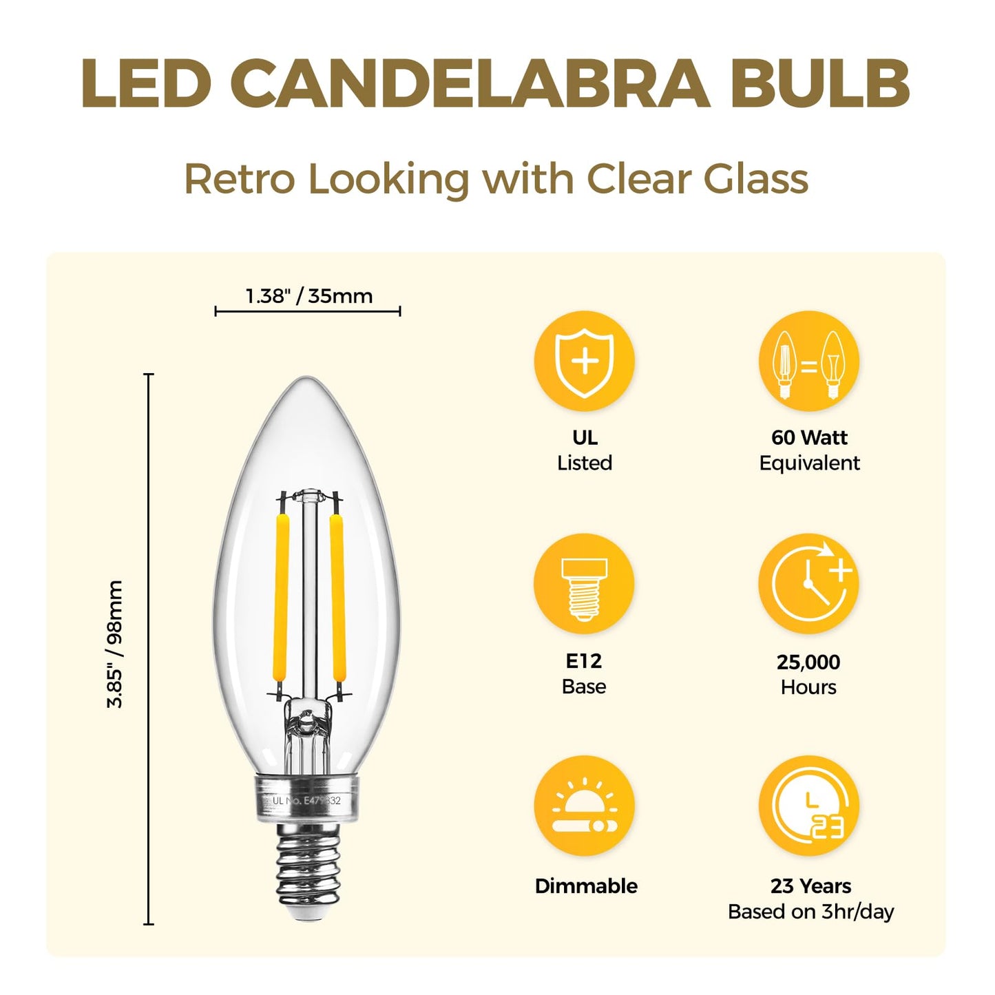 Hizashi E12 Led Candelabra Bulb, 60W Equivalent, Dimmable, Soft White 3000K, 6W, 550Lm, Copper, 6 Pack