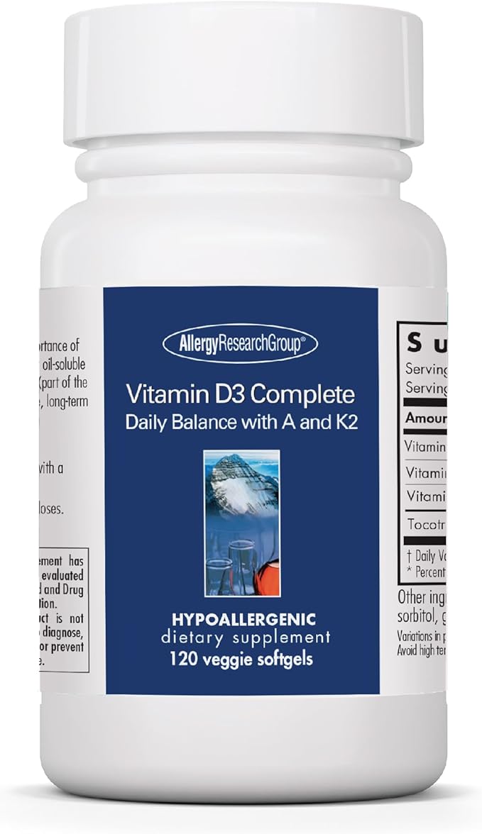 Allergy Research Group Vitamin D3 Complete - Vitamin D3 and K2 Supplement, Daily Balance, with Vitamin A, DeltaGold Tocotrienols, High Potency, Veggie Softgels - 120 Count