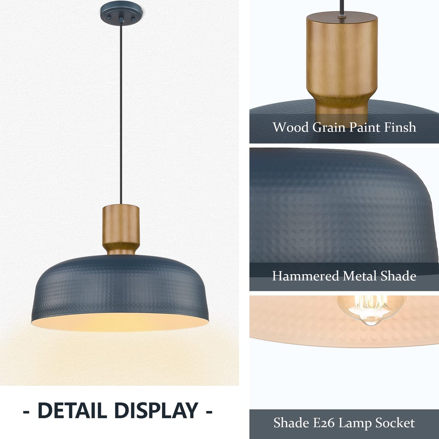 Darkaway Large Industrial Pendant Light Fixtures With Hammered Metal Shade  2 Pack Blue 18.1Inch Oversized Pendant Lighting For Kitchen Island Hanging Lamp Adjustable Height