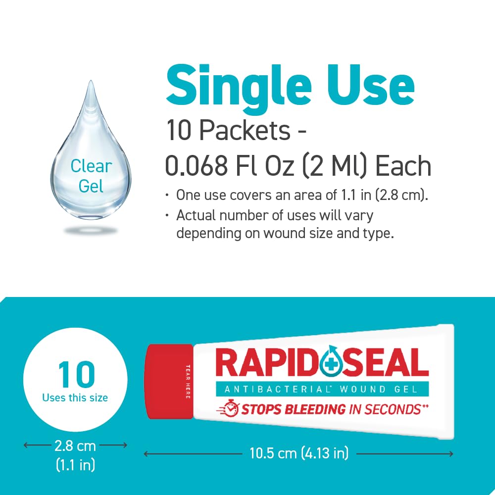 Rapid-Seal Wound Gel Single Use Packets 10ct | Stops Bleeding in Seconds | for Minor Cuts & Scrapes. Packets for Easy Storage and Restocking for Emergency First Aid Supplies