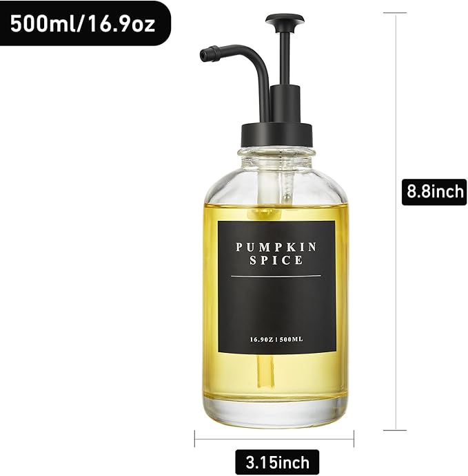 Coffee Syrup Dispenser for Coffee Bar, Coffee Syrup Pump Dispenser, Glass Syrup Bottle with Black Upgraded Pump, 4 Pack 16.9 oz 500 ml Syrup Dispensers, 28 Labels and 2 Bamboo Tray