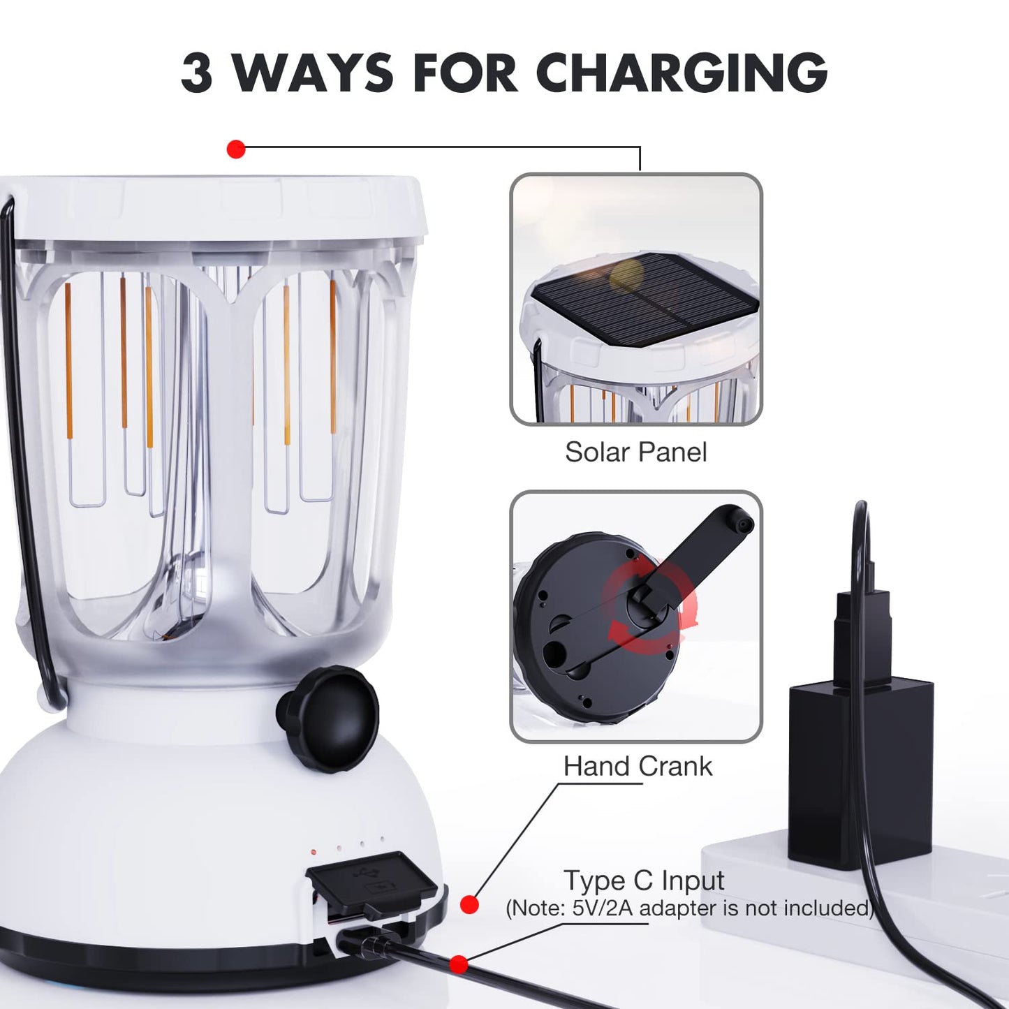 Mesqool Led Lantern Flashlight 650Lm, Rechargeable, Solar Crank, 4.09X4.09X6.42In, White, Model Cl7000